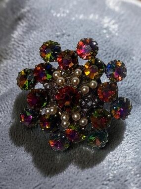 Vintage Aurora Borealis Rainbow Rhinestone Floral Brooch Gold Tone Statement Pin